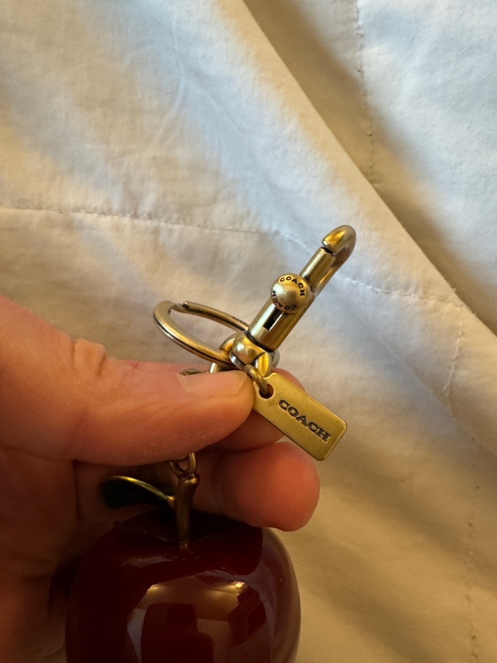 Coach Red Apple Keychain with Gold Hardware and Green Leaf - Picture 2 of 2